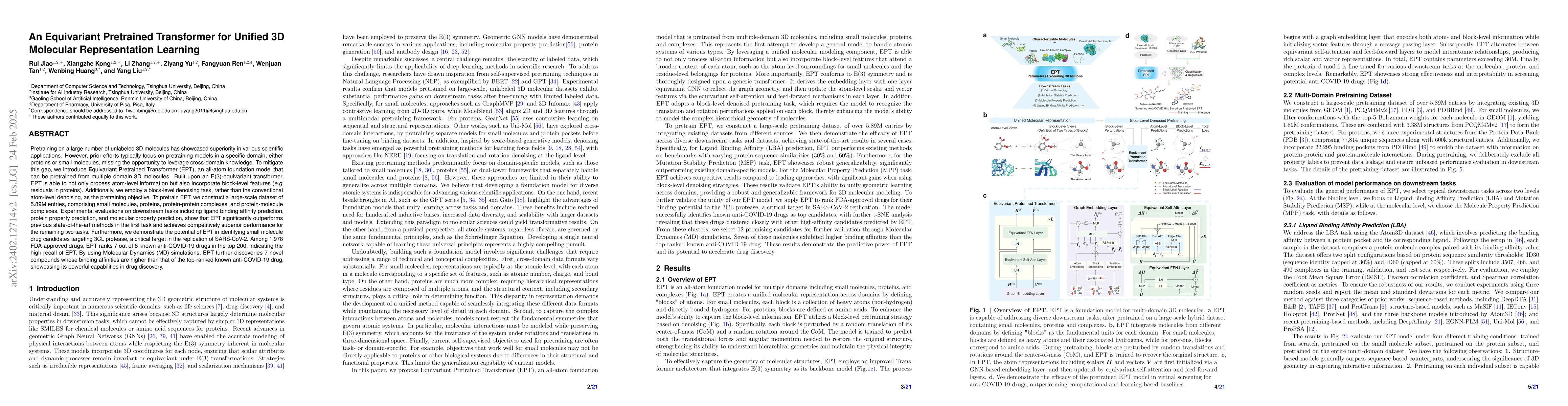 Thumbnail for Equivariant Pretrained Transformer for Unified Geometric Learning on
  Multi-Domain 3D Molecules