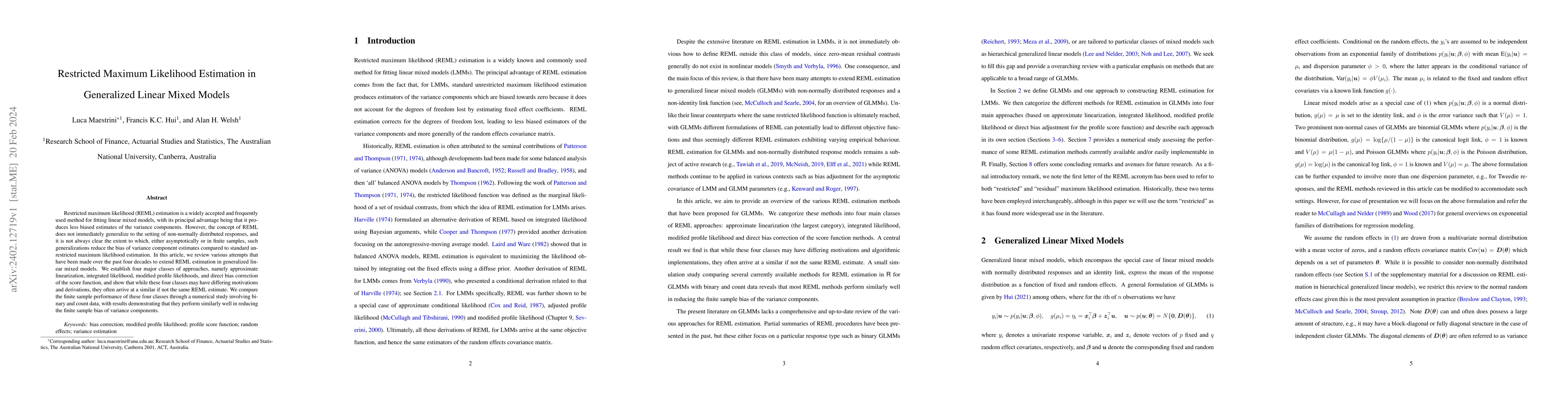 Thumbnail for Restricted maximum likelihood estimation in generalized linear mixed
  models