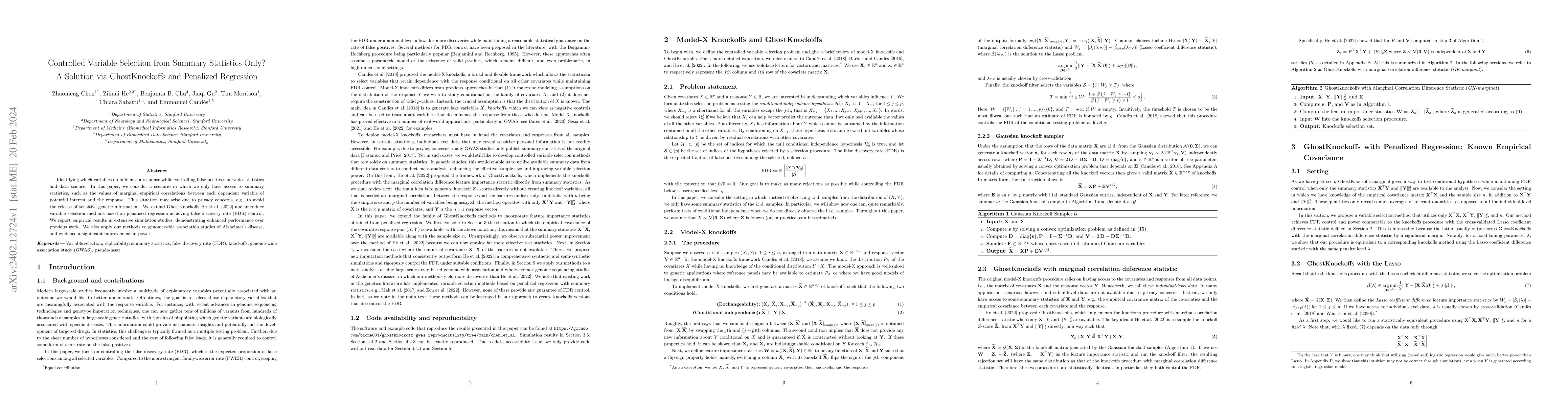 Thumbnail for Controlled Variable Selection from Summary Statistics Only? A Solution
  via GhostKnockoffs and Penalized Regression