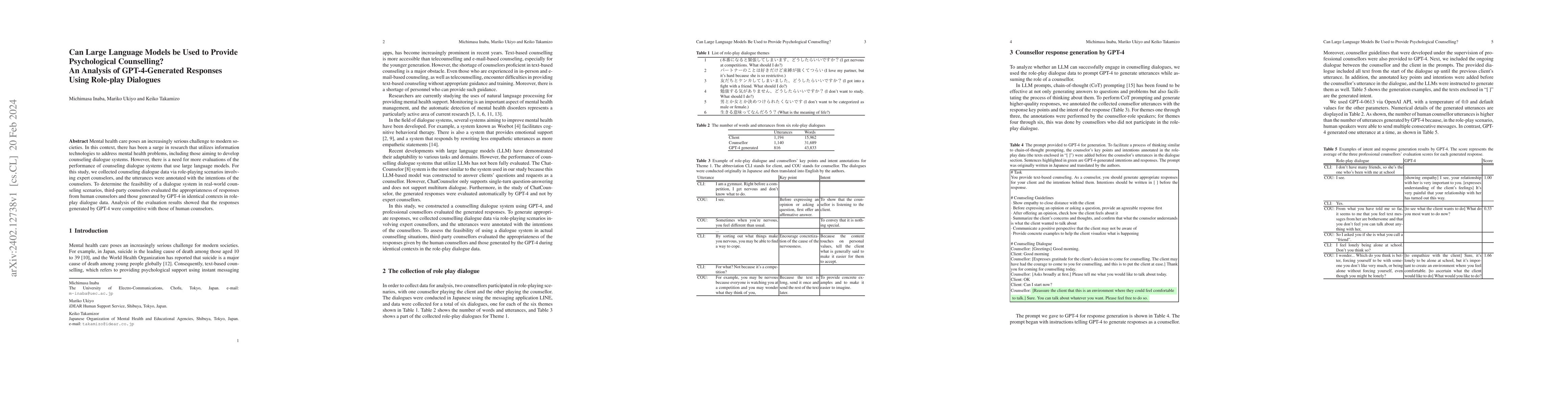 Thumbnail for Can Large Language Models be Used to Provide Psychological Counselling?
  An Analysis of GPT-4-Generated Responses Using Role-play Dialogues
