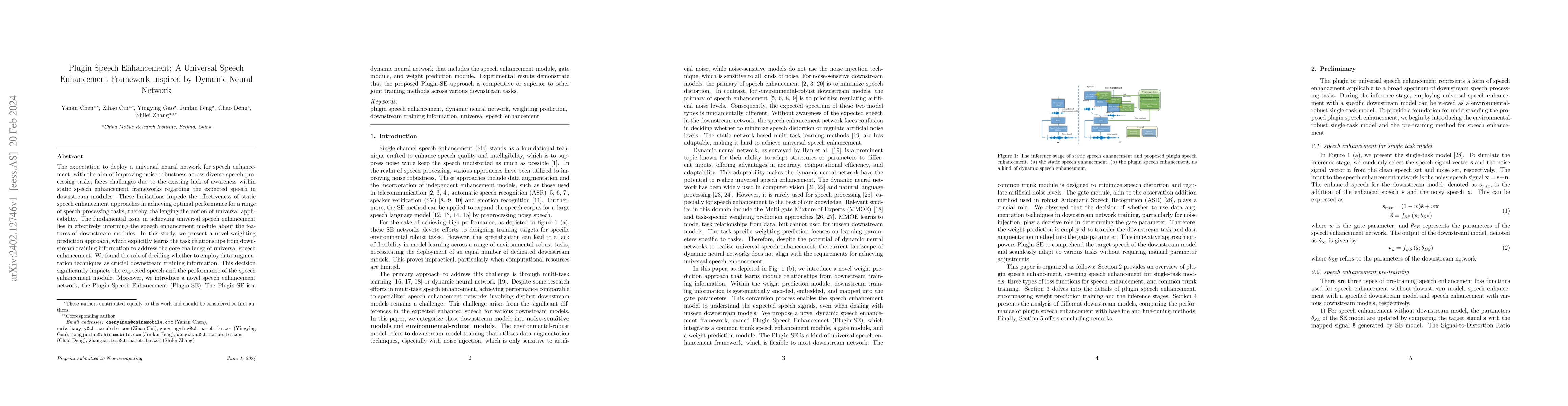 Thumbnail for Plugin Speech Enhancement: A Universal Speech Enhancement Framework
  Inspired by Dynamic Neural Network
