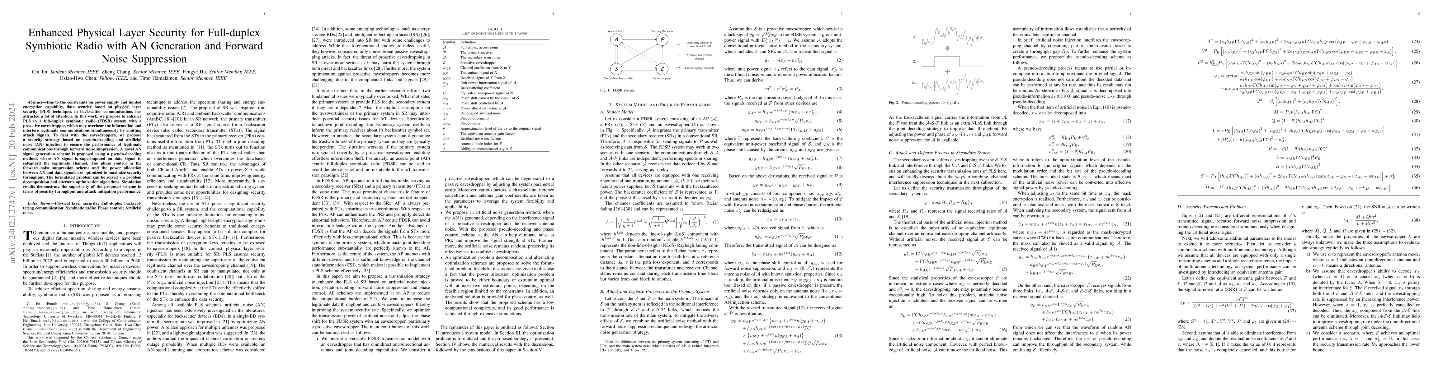 Thumbnail for Enhanced Physical Layer Security for Full-duplex Symbiotic Radio with AN
  Generation and Forward Noise Suppression