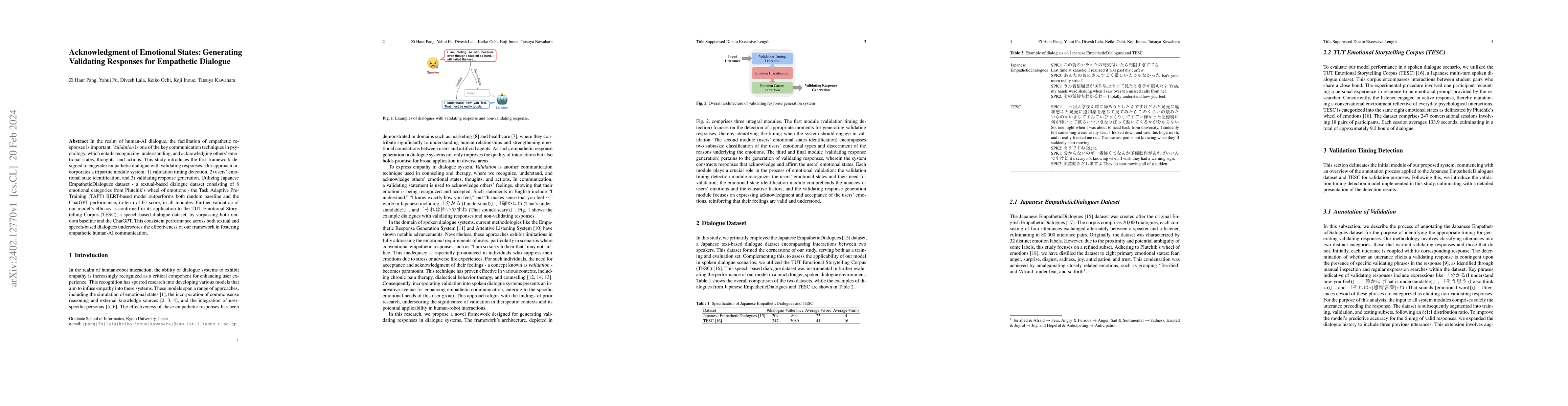Thumbnail for Acknowledgment of Emotional States: Generating Validating Responses for
  Empathetic Dialogue