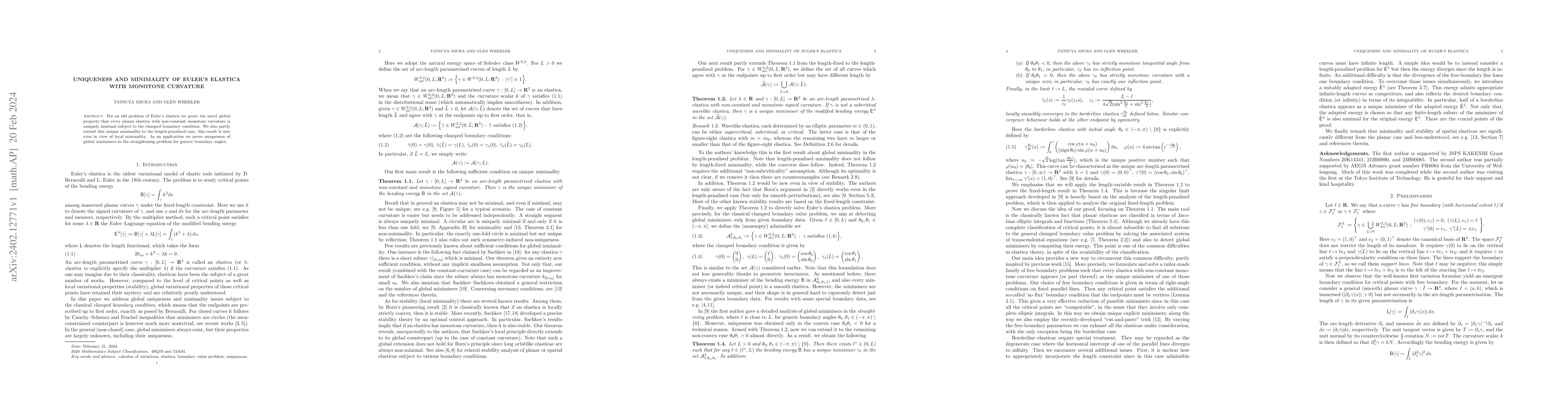 Thumbnail for Uniqueness and minimality of Euler's elastica with monotone curvature