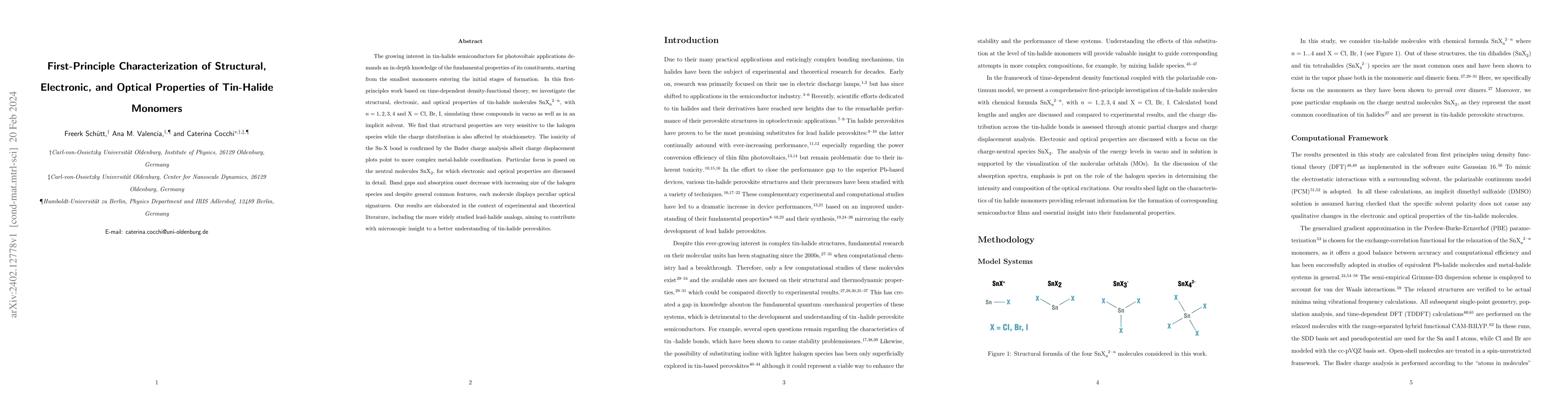 Thumbnail for First-Principle Characterization of Structural, Electronic, and Optical
  Properties of Tin-Halide Monomers