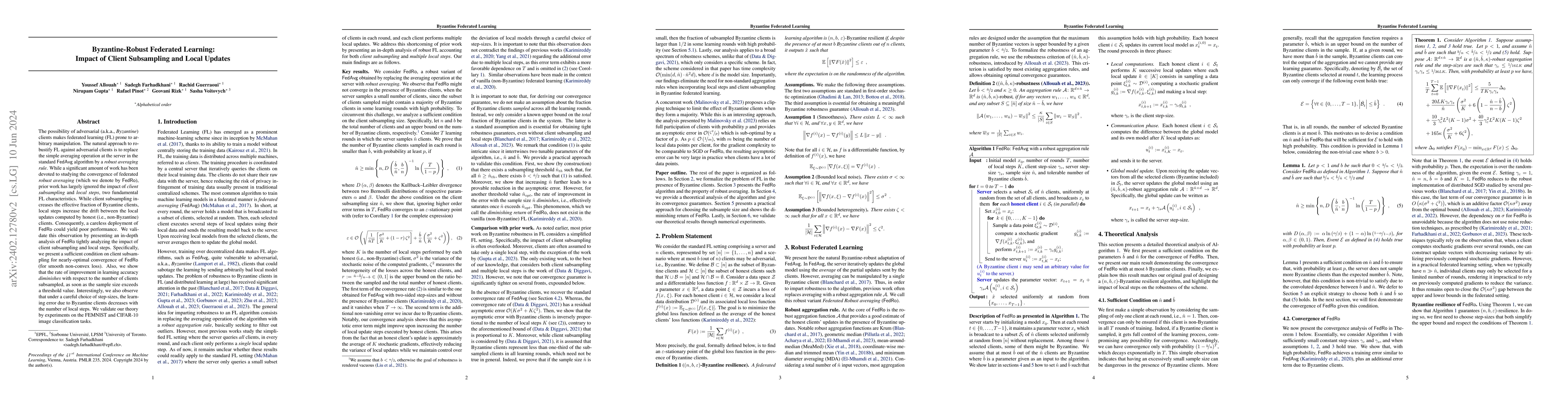 Thumbnail for Byzantine-Robust Federated Learning: Impact of Client Subsampling and
  Local Updates