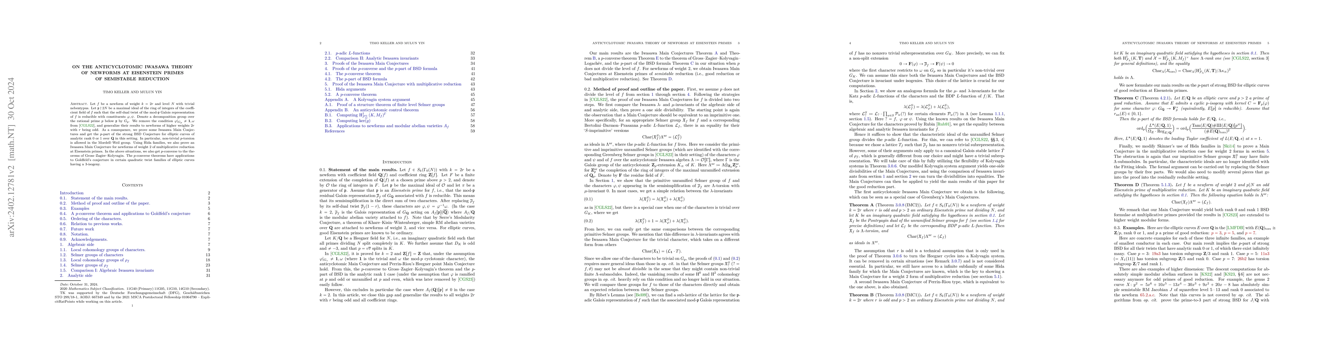 Thumbnail for On the anticyclotomic Iwasawa theory of newforms at Eisenstein primes of
  semistable reduction