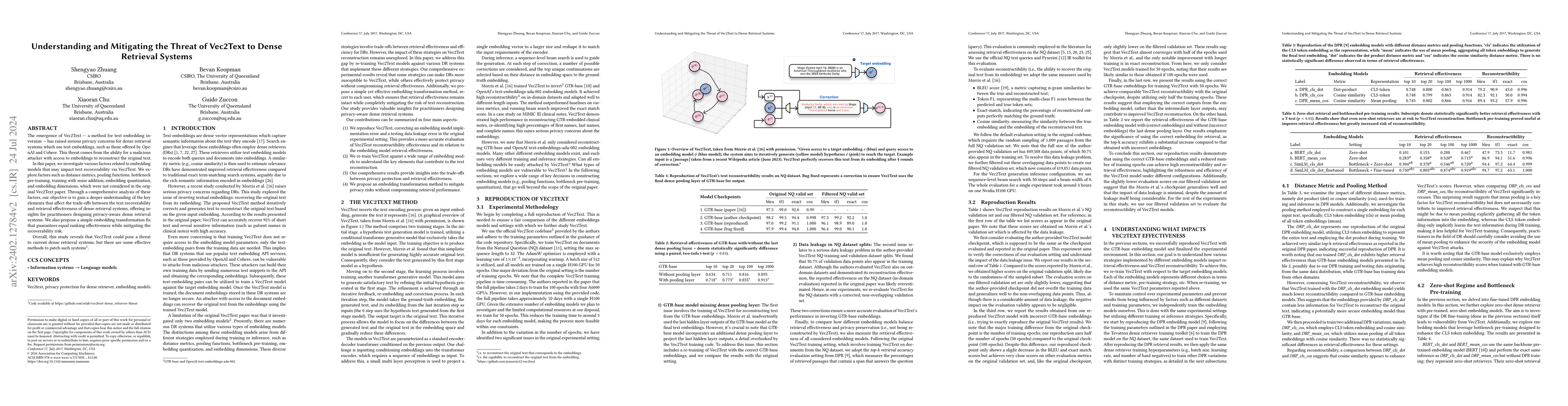 Thumbnail for Understanding and Mitigating the Threat of Vec2Text to Dense Retrieval
  Systems