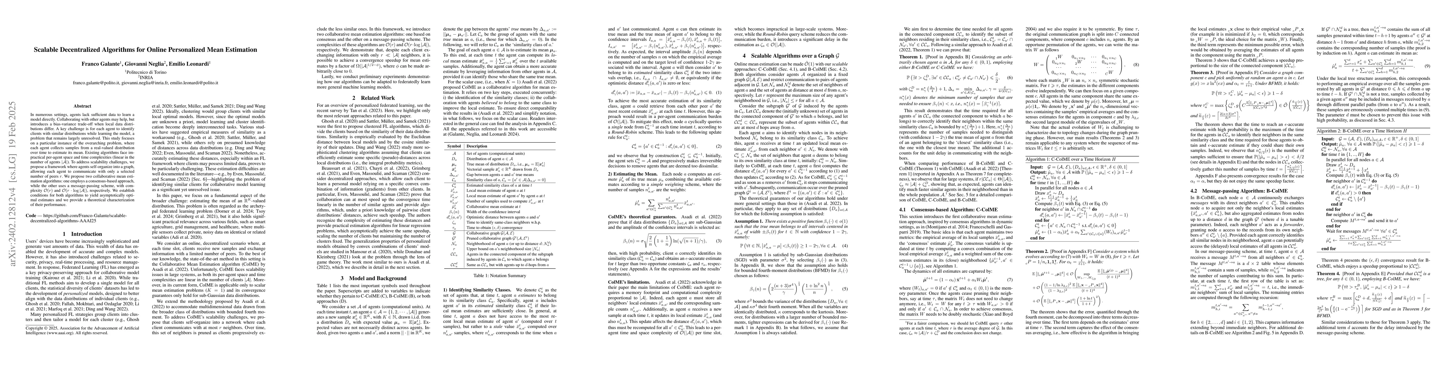 Thumbnail for Scalable Decentralized Algorithms for Online Personalized Mean
  Estimation