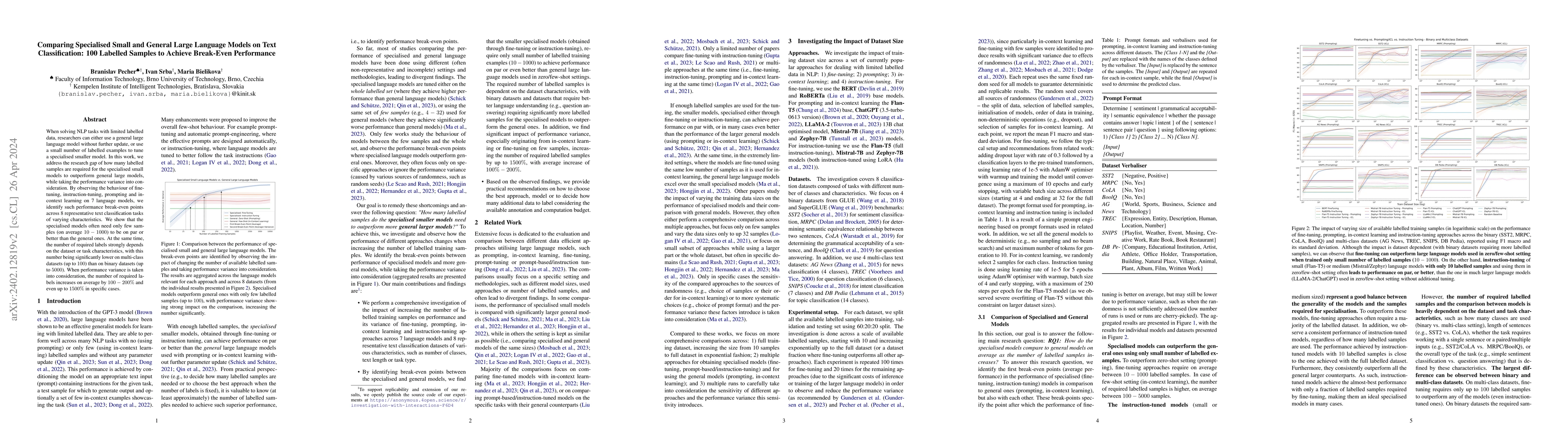 Thumbnail for Comparing Specialised Small and General Large Language Models on Text
  Classification: 100 Labelled Samples to Achieve Break-Even Performance