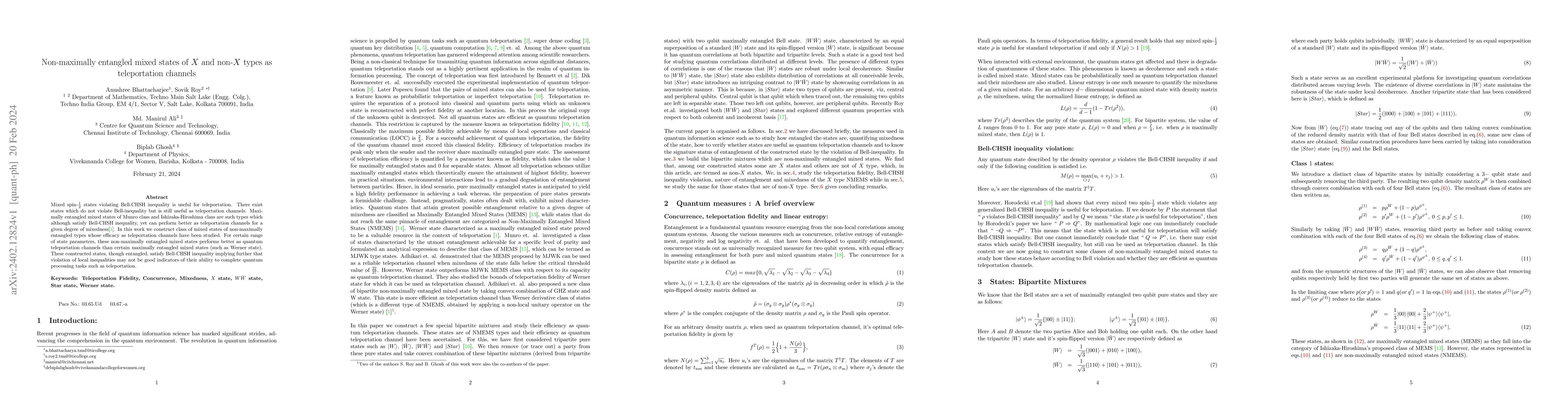 Thumbnail for Non-maximally entangled mixed states of X and non-X types as
  teleportation channels