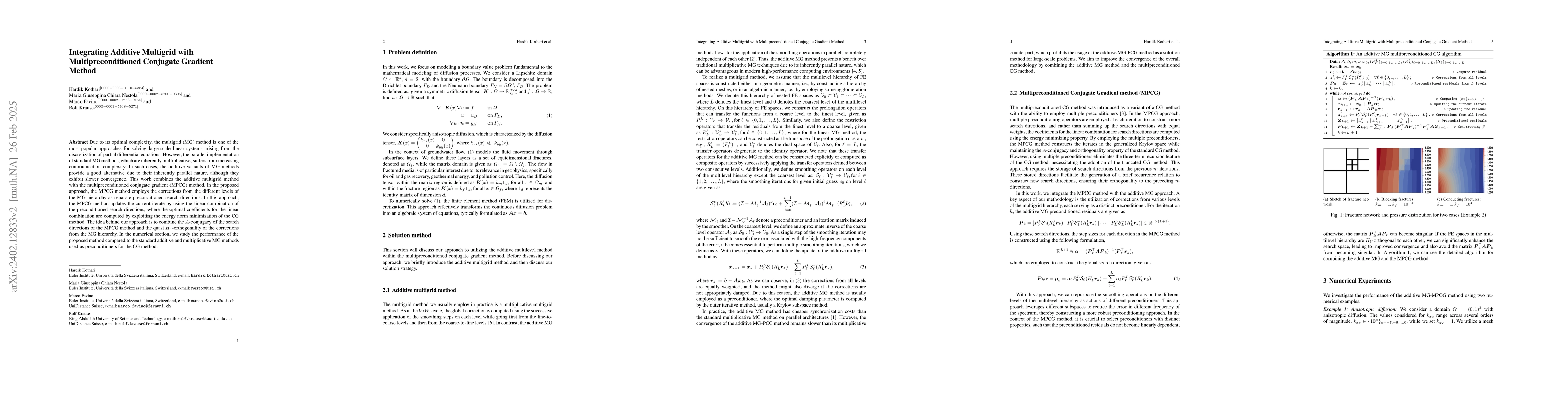 Thumbnail for Integrating Multi-Preconditioned Conjugate Gradient with Additive
  Multigrid Strategy