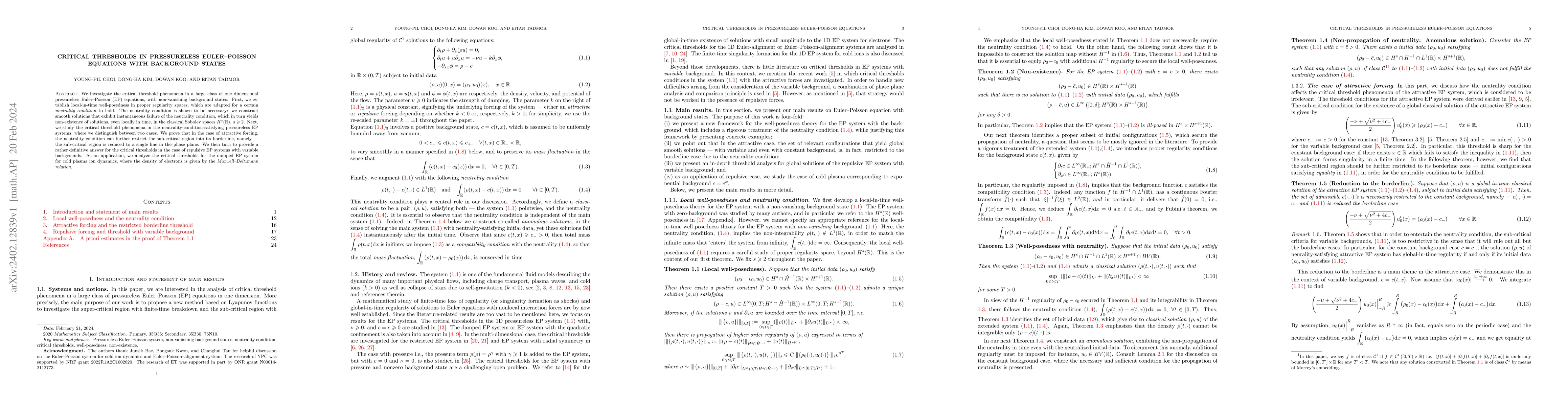 Thumbnail for Critical thresholds in pressureless Euler--Poisson equations with
  background states