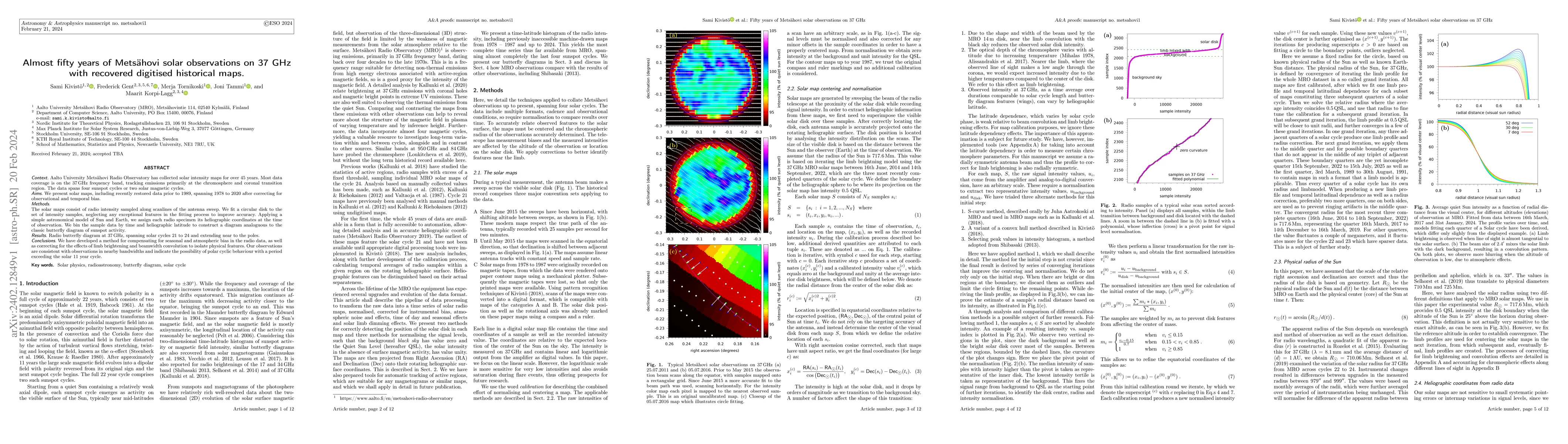 Thumbnail for Almost fifty years of Mets\"ahovi solar observations on 37 GHz with
  recovered digitised historical maps