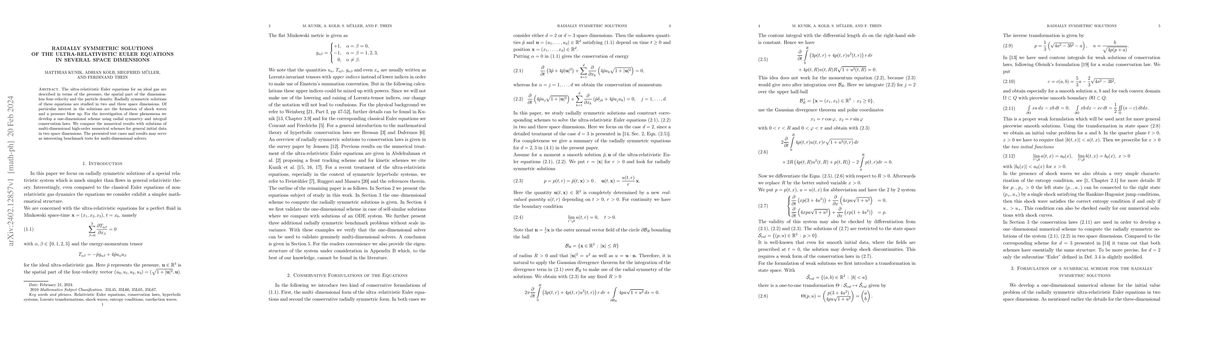 Thumbnail for Radially symmetric solutions of the ultra-relativistic Euler equations
  in several space dimensions