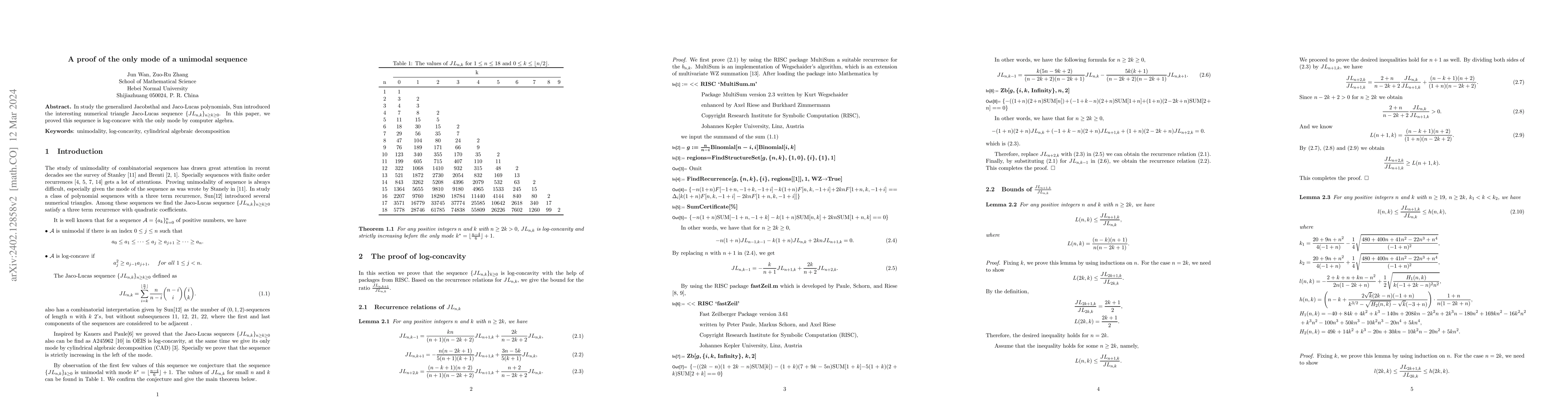 Thumbnail for A proof of the only mode of a unimodal sequence