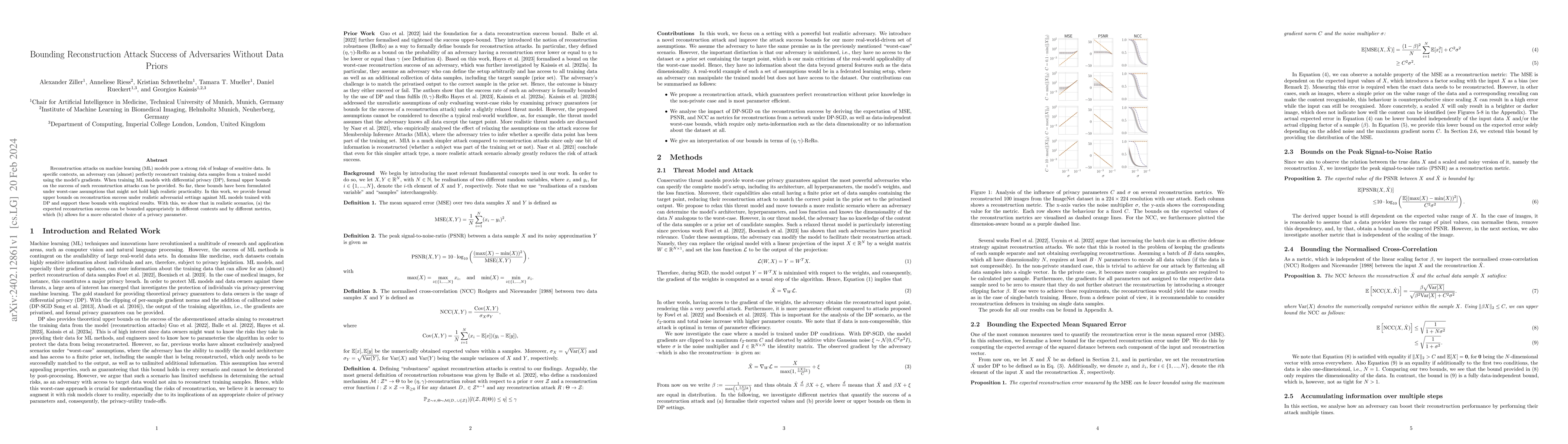 Thumbnail for Bounding Reconstruction Attack Success of Adversaries Without Data
  Priors