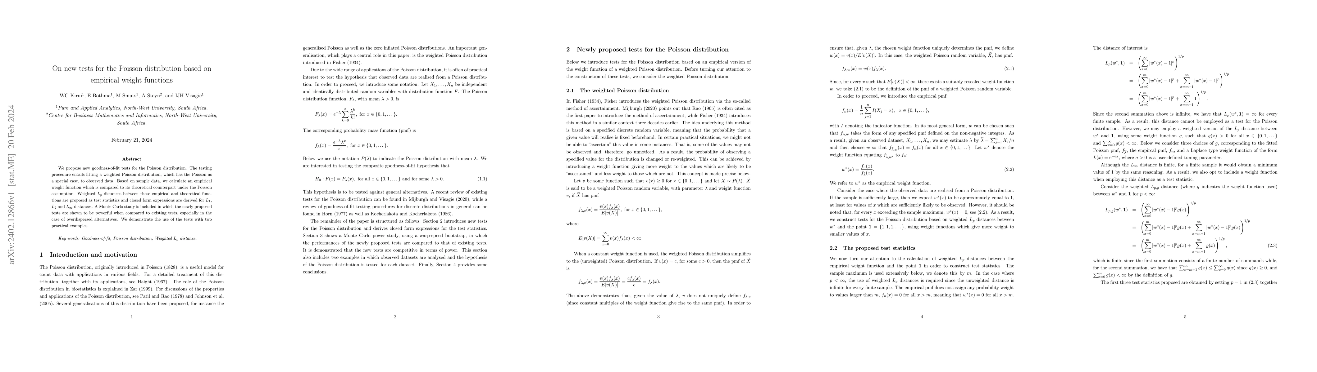 Thumbnail for On new tests for the Poisson distribution based on empirical weight
  functions