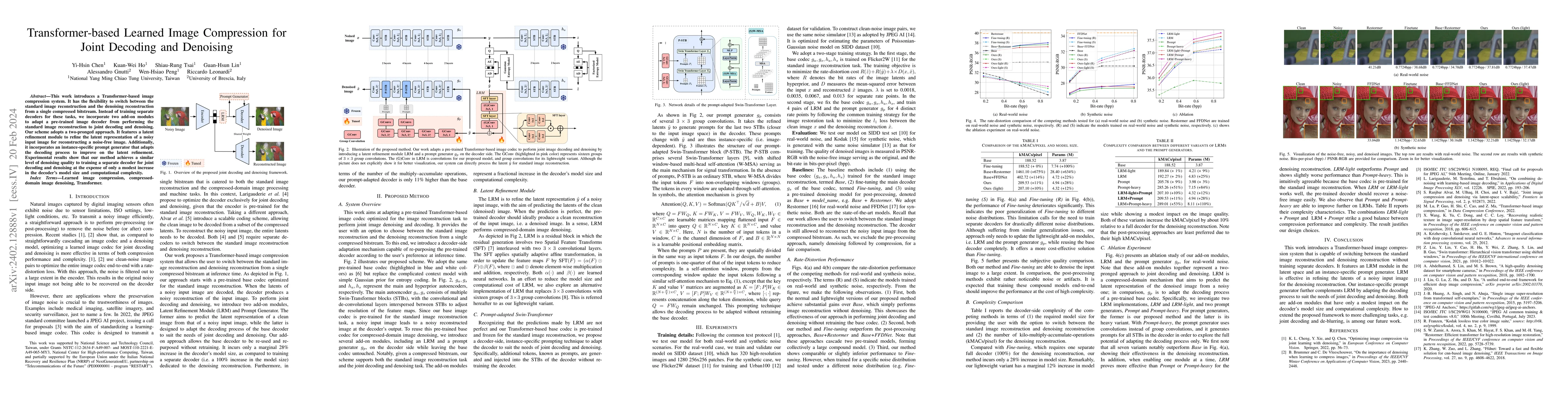 Thumbnail for Transformer-based Learned Image Compression for Joint Decoding and
  Denoising