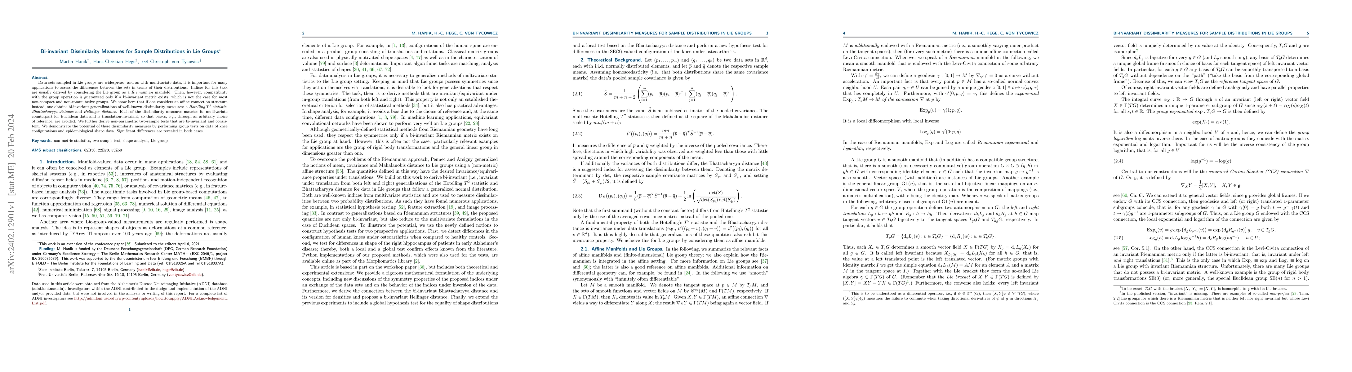Thumbnail for Bi-invariant Dissimilarity Measures for Sample Distributions in Lie
  Groups