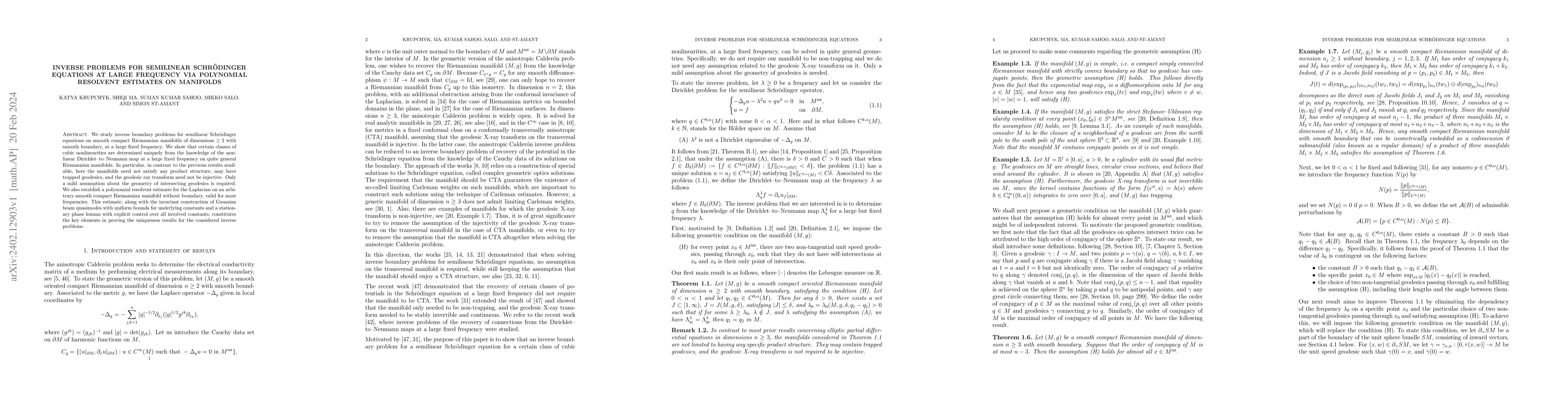 Thumbnail for Inverse problems for semilinear Schr\"odinger equations at large
  frequency via polynomial resolvent estimates on manifolds
