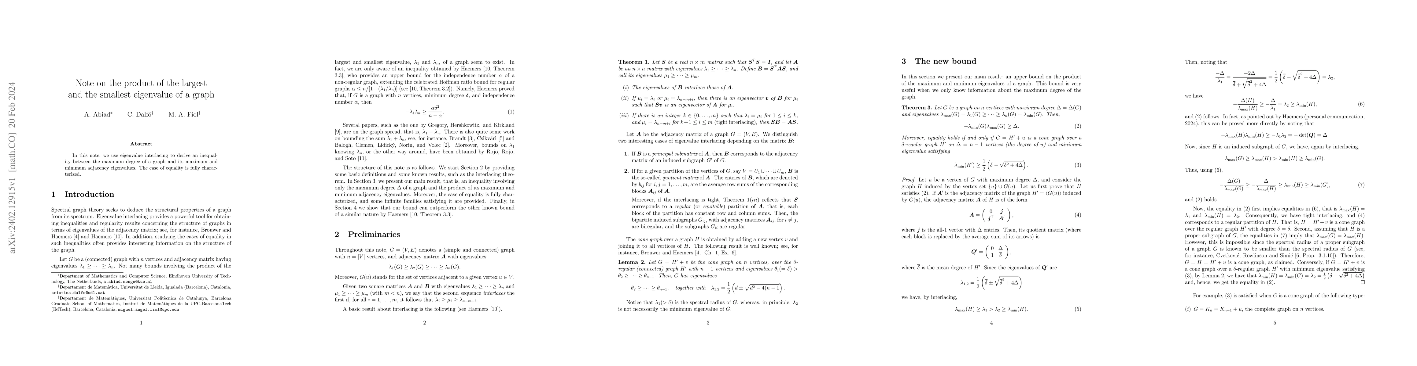 Thumbnail for Note on the product of the largest and the smallest eigenvalue of a
  graph
