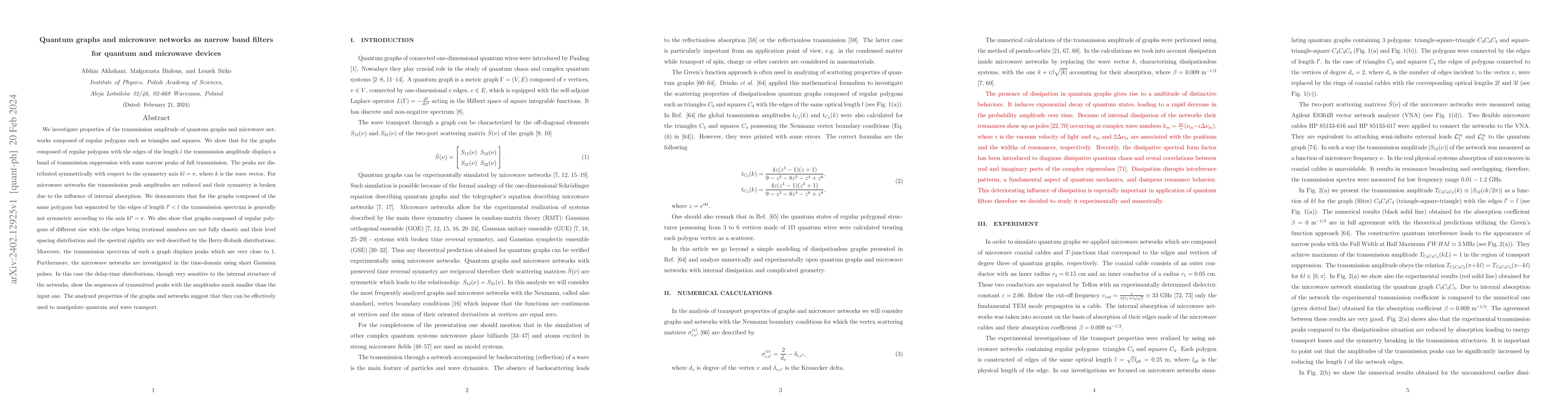 Thumbnail for Quantum graphs and microwave networks as narrow band filters for quantum
  and microwave devices