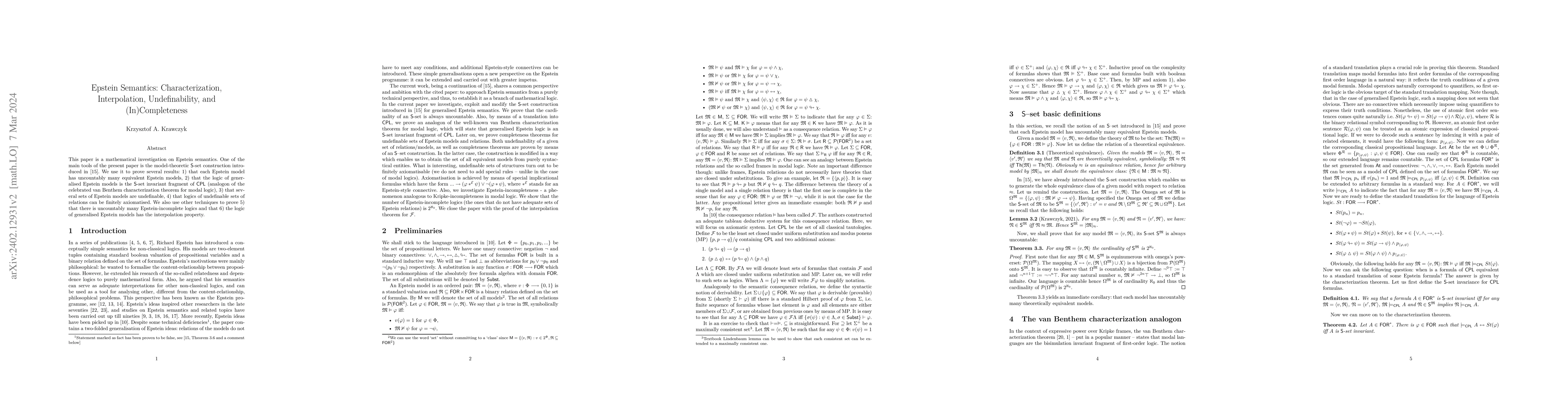 Thumbnail for Epstein Semantics: Characterization, Interpolation, Undefinability, and
  (In)Completeness