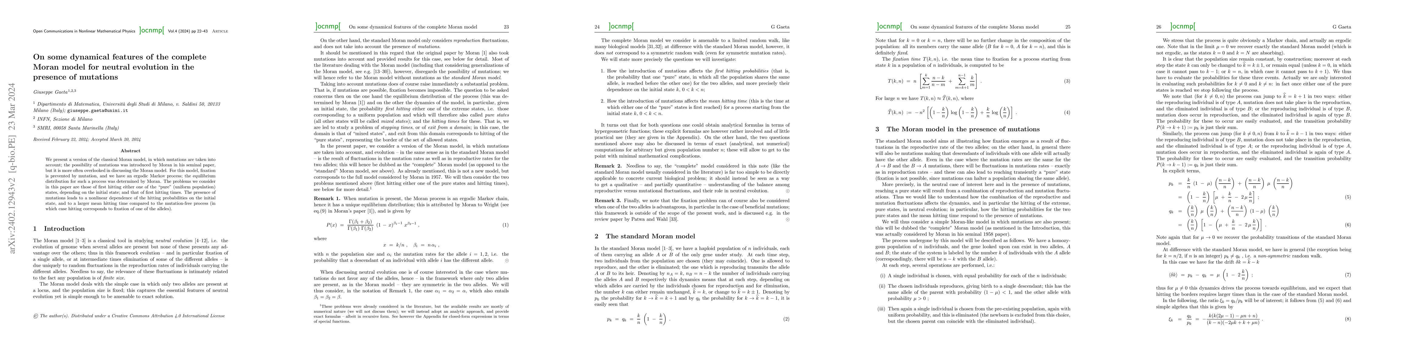 Thumbnail for On some dynamical features of the complete Moran model for neutral
  evolution in the presence of mutations