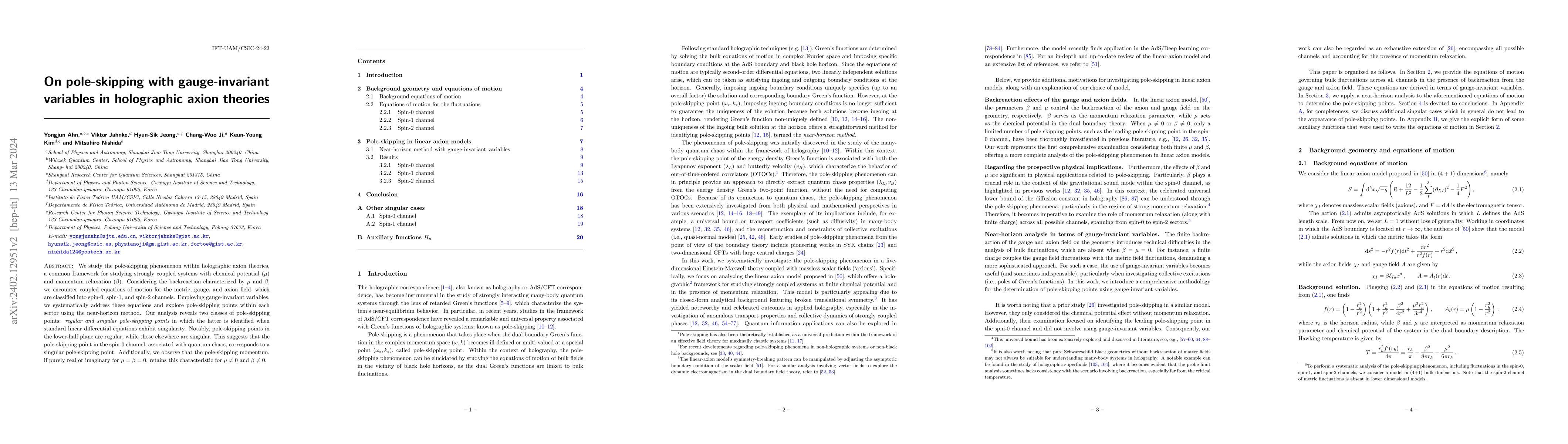 Thumbnail for On pole-skipping with gauge-invariant variables in holographic axion
  theories