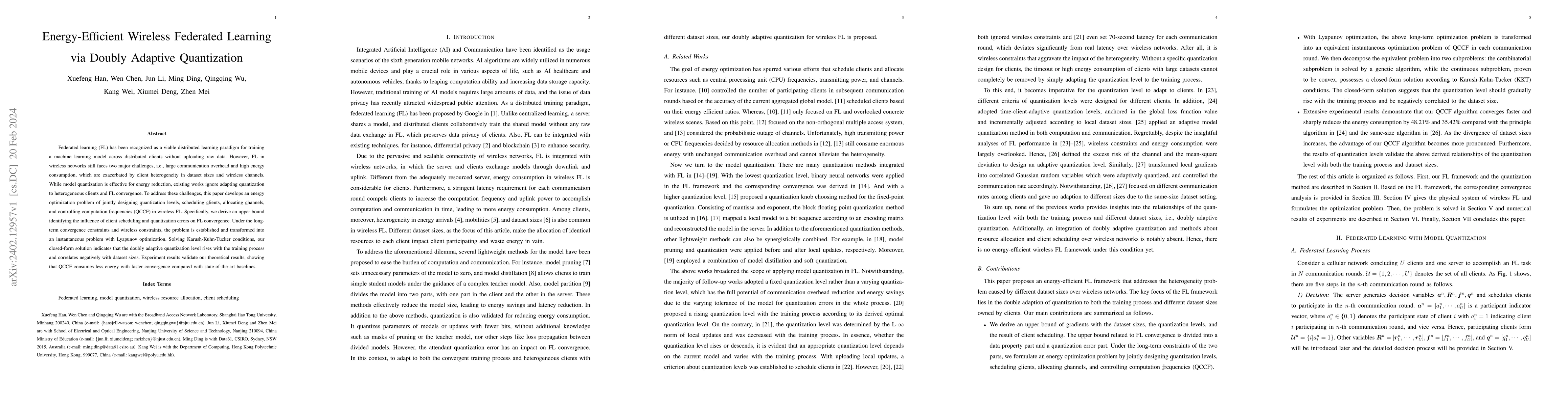 Thumbnail for Energy-Efficient Wireless Federated Learning via Doubly Adaptive
  Quantization