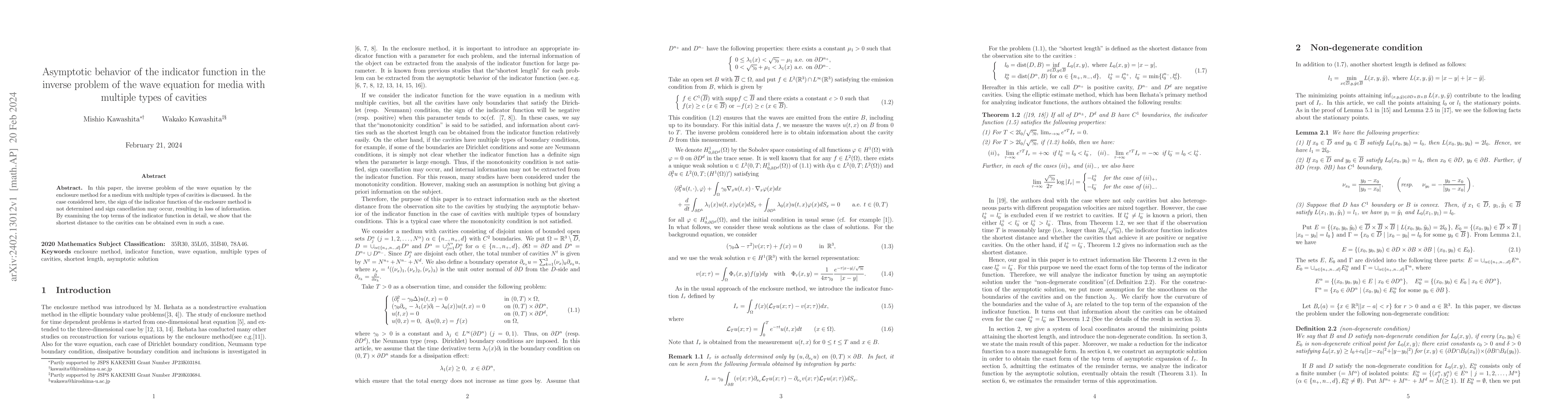 Thumbnail for Asymptotic behavior of the indicator function in the inverse problem of
  the wave equation for media with multiple types of cavities