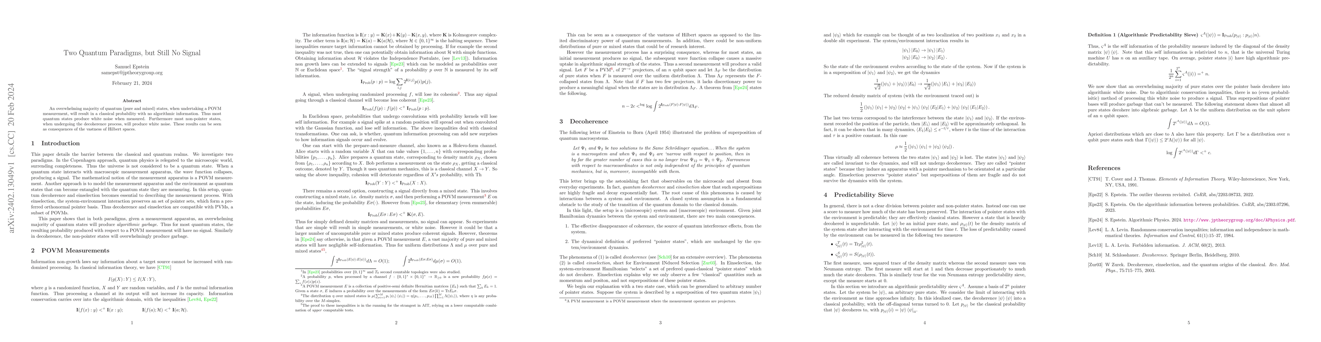 Thumbnail for Two Quantum Paradigms, but Still No Signal