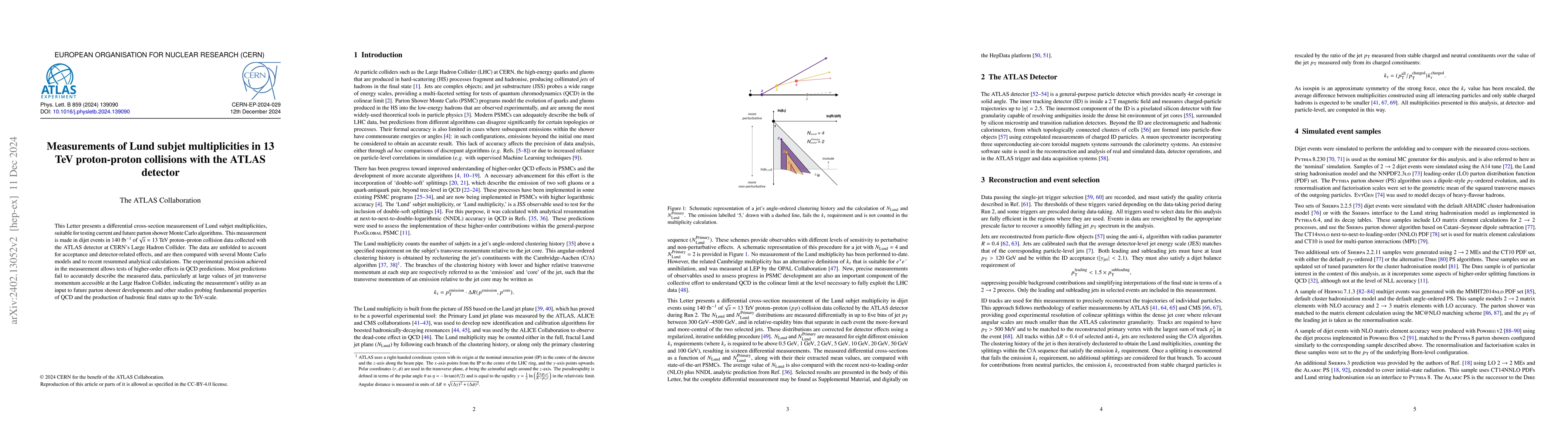 Thumbnail for Measurements of Lund subjet multiplicities in 13 TeV proton-proton
  collisions with the ATLAS detector