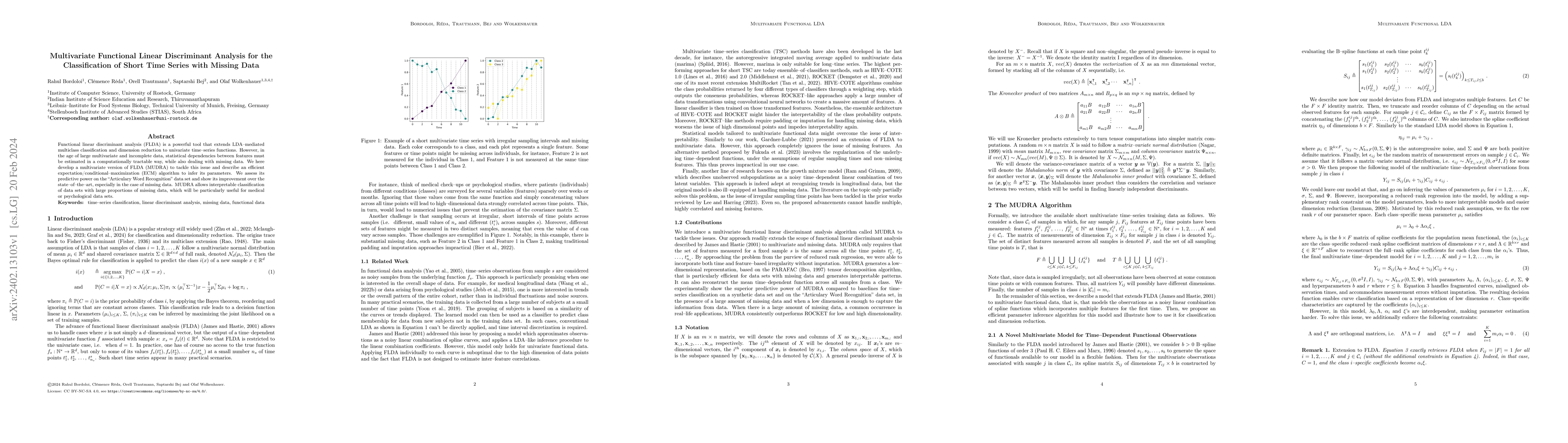 Thumbnail for Multivariate Functional Linear Discriminant Analysis for the
  Classification of Short Time Series with Missing Data