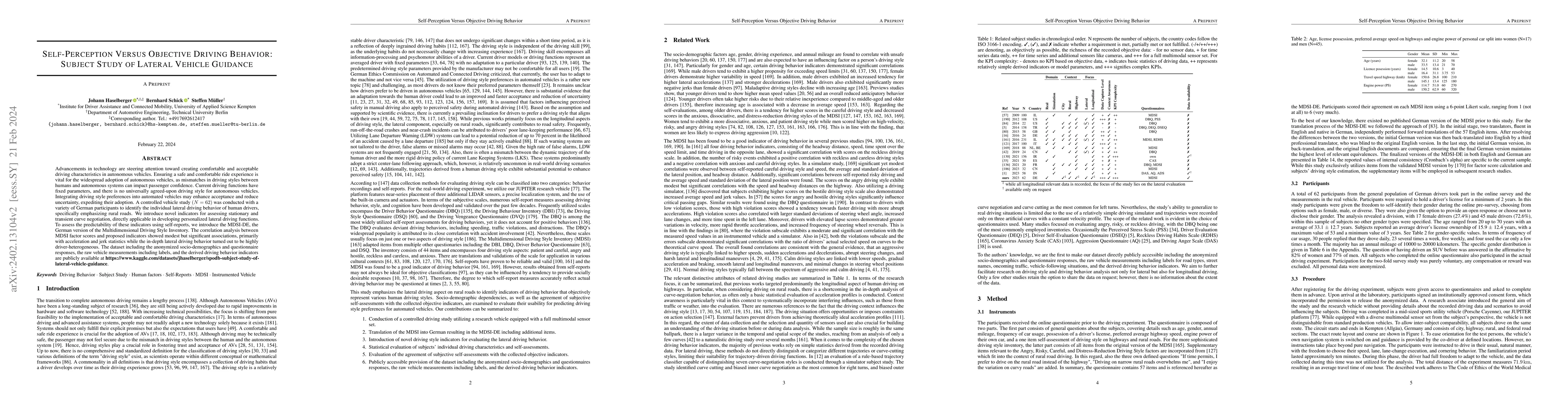 Thumbnail for Self-Perception Versus Objective Driving Behavior: Subject Study of
  Lateral Vehicle Guidance