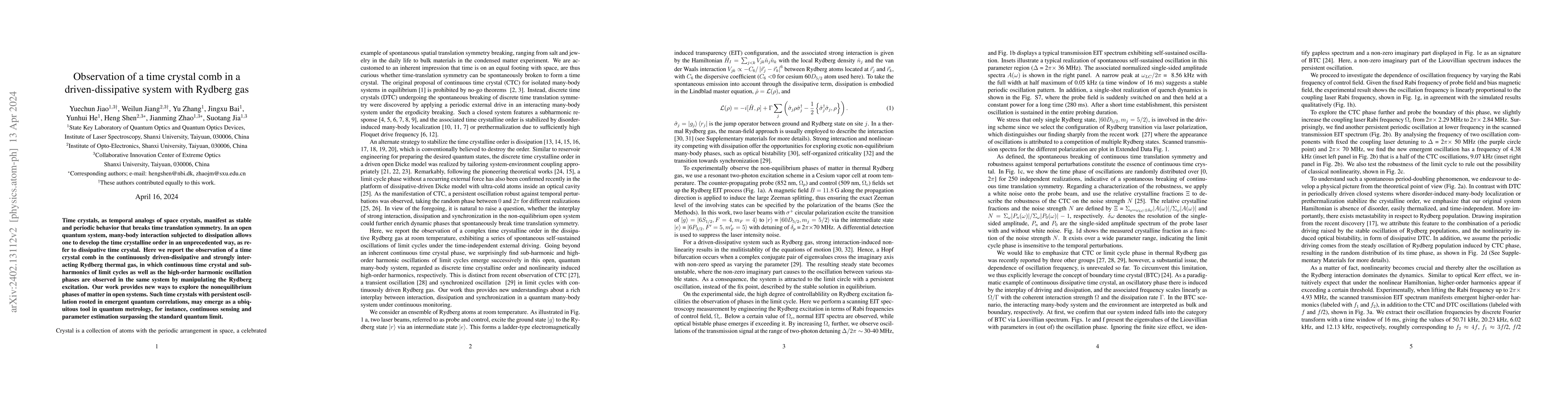 Thumbnail for Observation of a time crystal comb in a driven-dissipative system with
  Rydberg gas