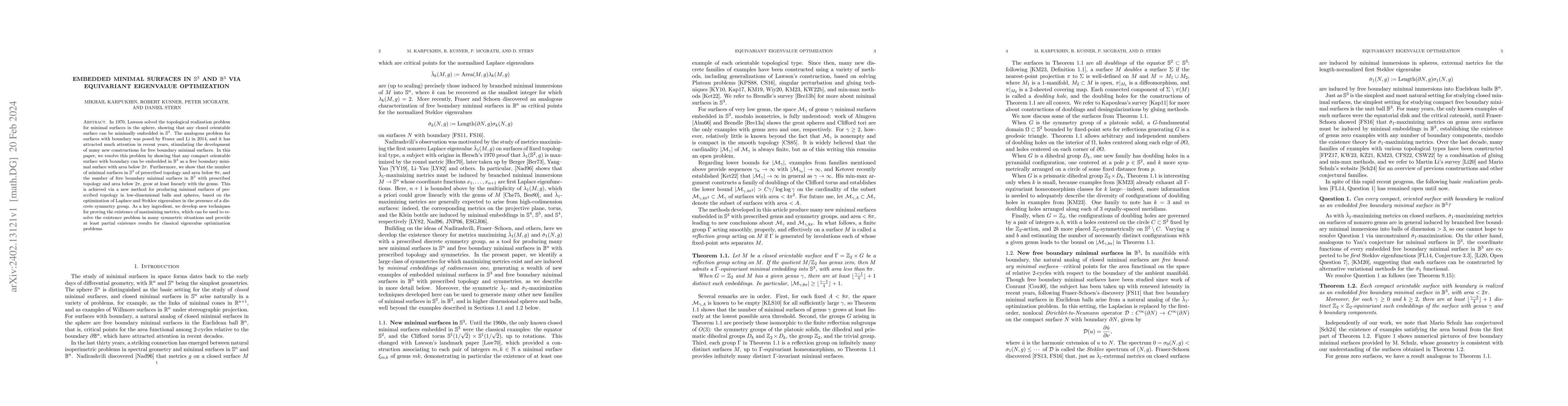 Thumbnail for Embedded minimal surfaces in $\mathbb{S}^3$ and $\mathbb{B}^3$ via
  equivariant eigenvalue optimization