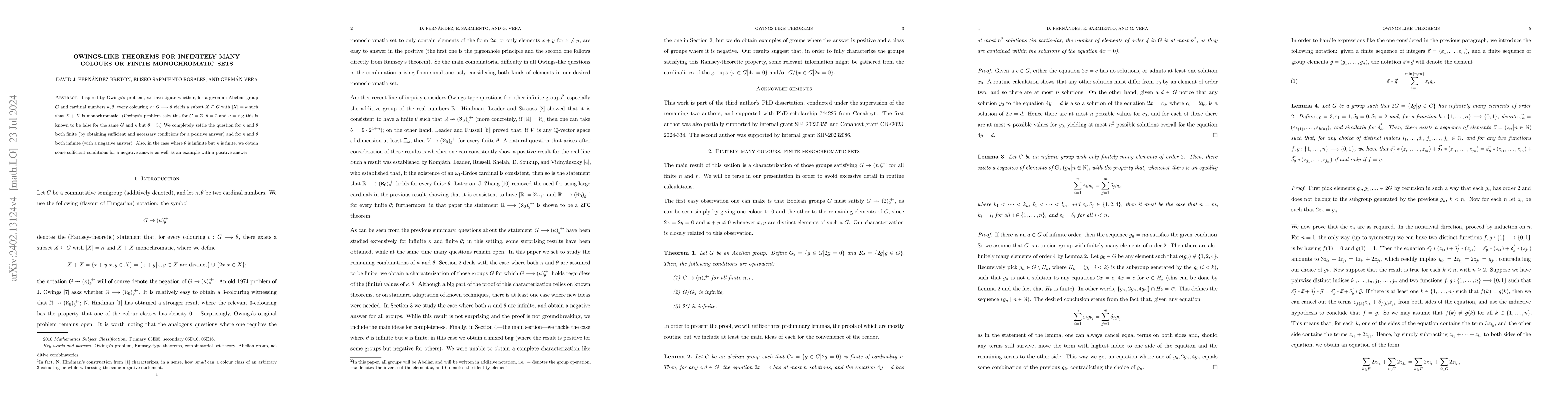 Thumbnail for Owings-like theorems for infinitely many colours or finite monochromatic
  sets