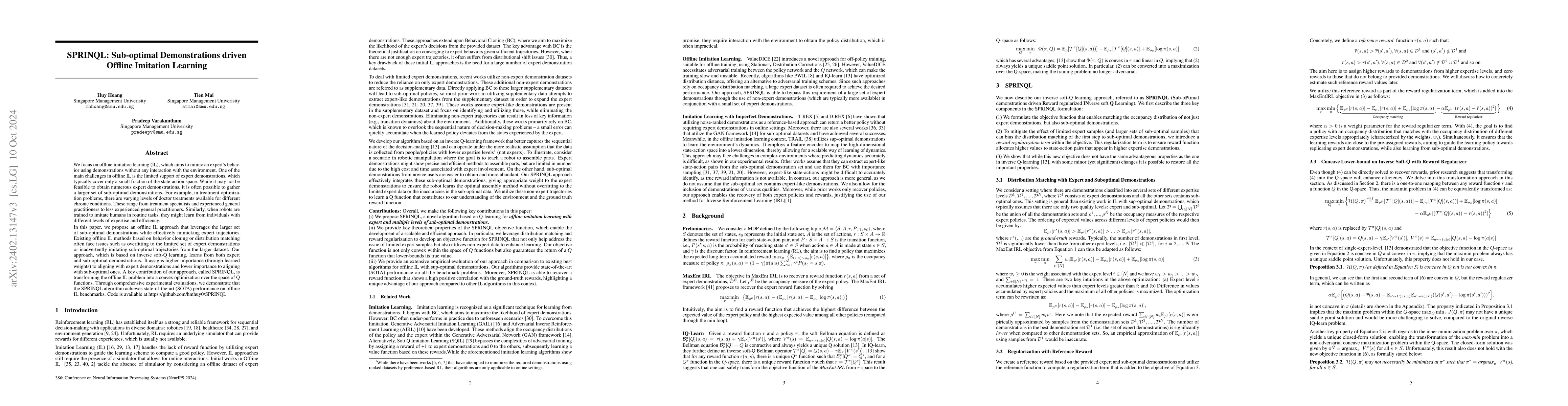 Thumbnail for SPRINQL: Sub-optimal Demonstrations driven Offline Imitation Learning