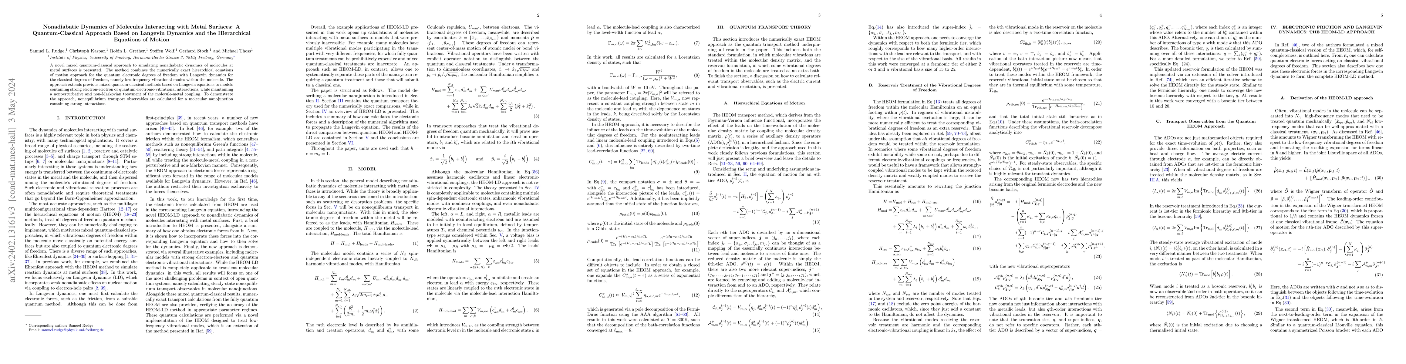 Thumbnail for Nonadiabatic Dynamics of Molecules Interacting with Metal Surfaces: A
  Quantum-Classical Approach Based on Langevin Dynamics and the Hierarchical
  Equations of Motion