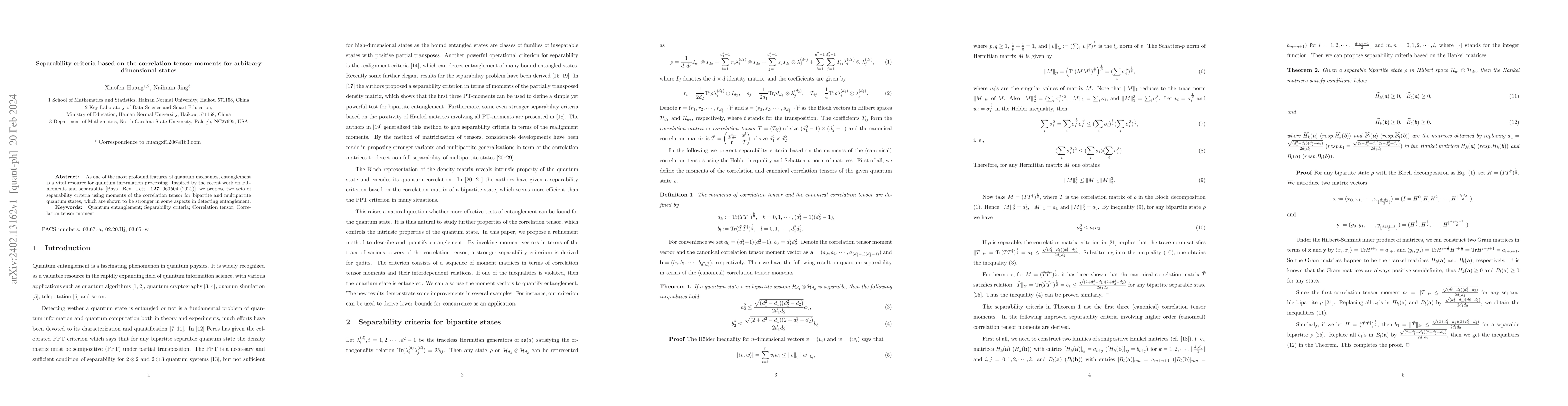 Thumbnail for Separability criteria based on the correlation tensor moments for
  arbitrary dimensional states