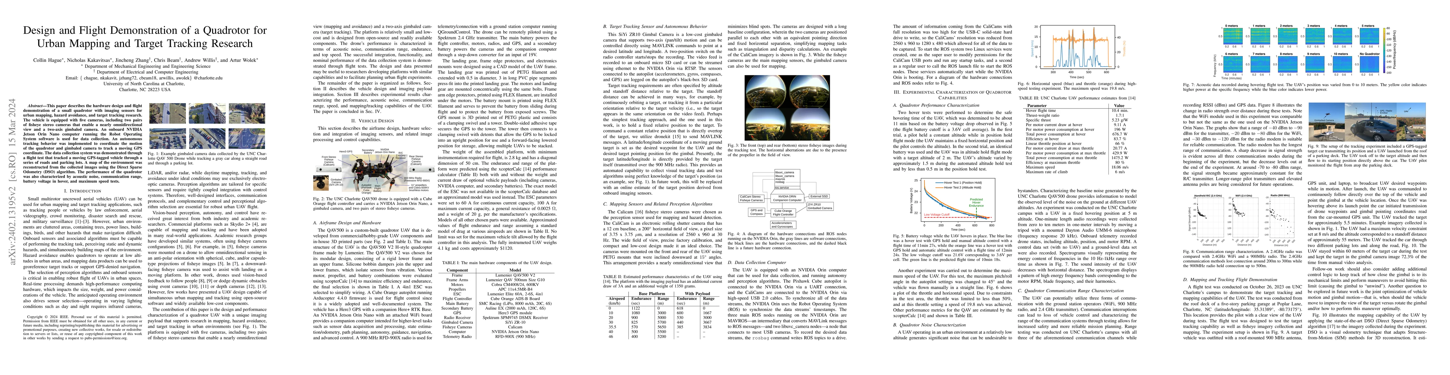 Thumbnail for Design and Flight Demonstration of a Quadrotor for Urban Mapping and
  Target Tracking Research
