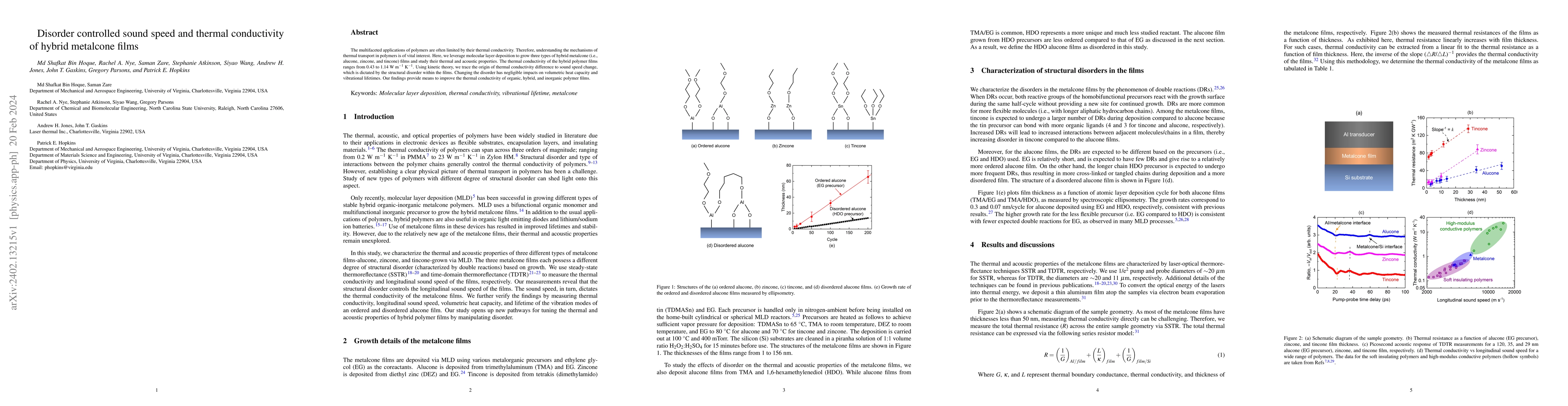 Thumbnail for Disorder controlled sound speed and thermal conductivity of hybrid
  metalcone films