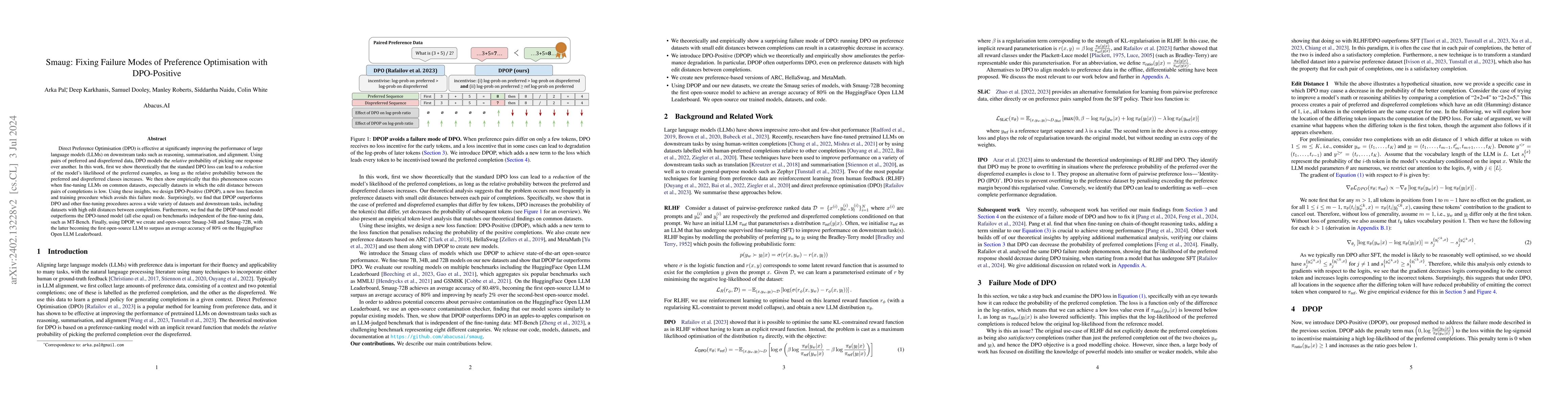 Thumbnail for Smaug: Fixing Failure Modes of Preference Optimisation with DPO-Positive