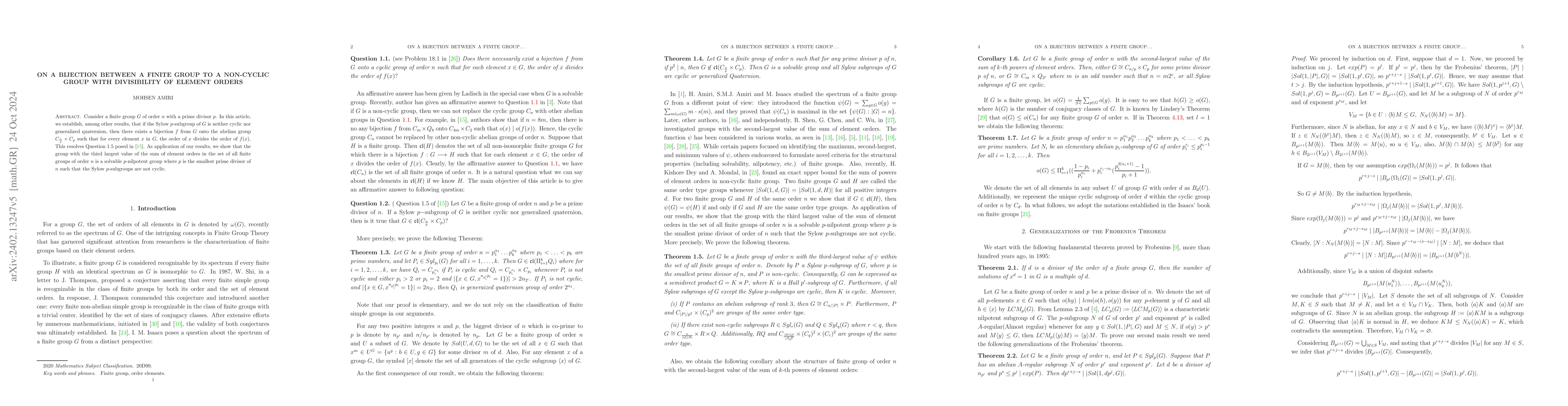 Thumbnail for On a bijection between a finite group to a non-cyclic group with
  divisibility of element orders