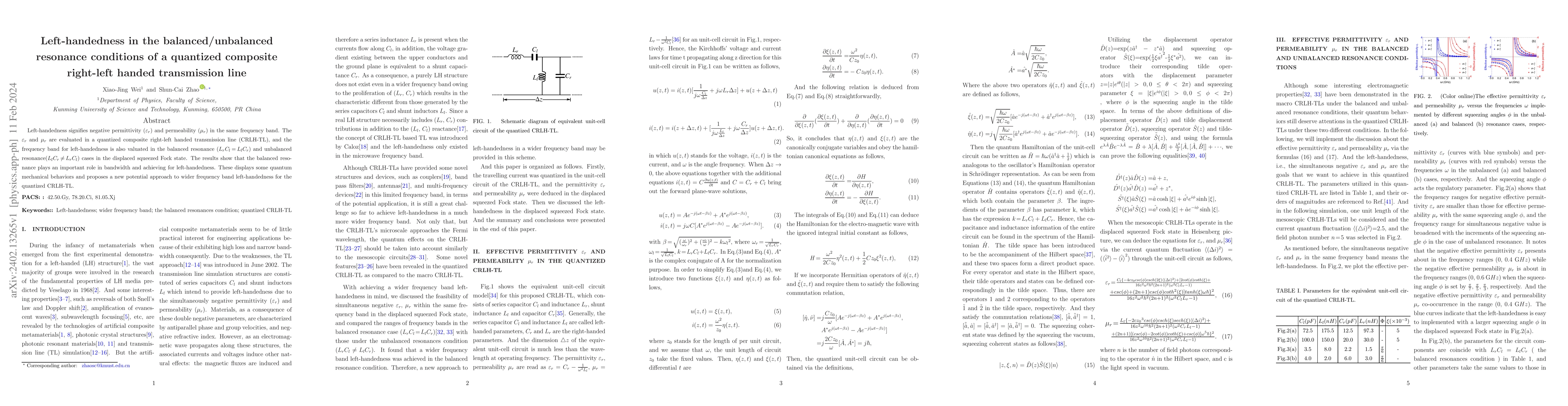 Thumbnail for Left-handedness in the balanced/unbalanced resonance conditions of a
  quantized composite right-left handed transmission line