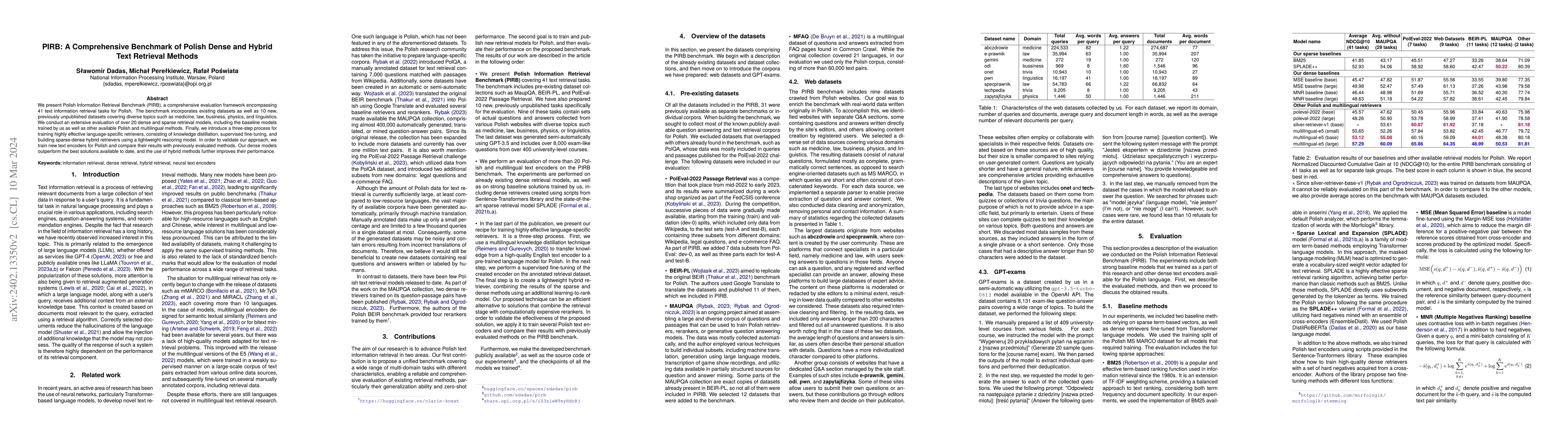 Thumbnail for PIRB: A Comprehensive Benchmark of Polish Dense and Hybrid Text
  Retrieval Methods