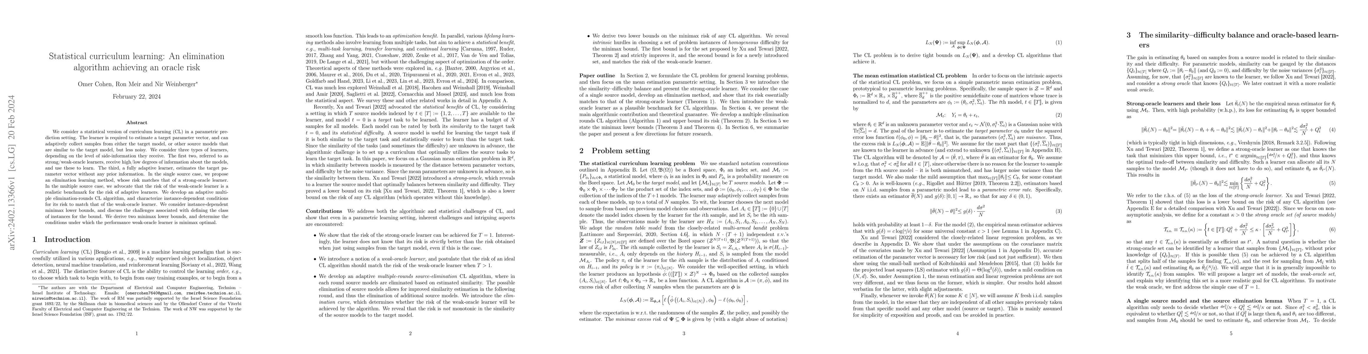 Thumbnail for Statistical curriculum learning: An elimination algorithm achieving an
  oracle risk