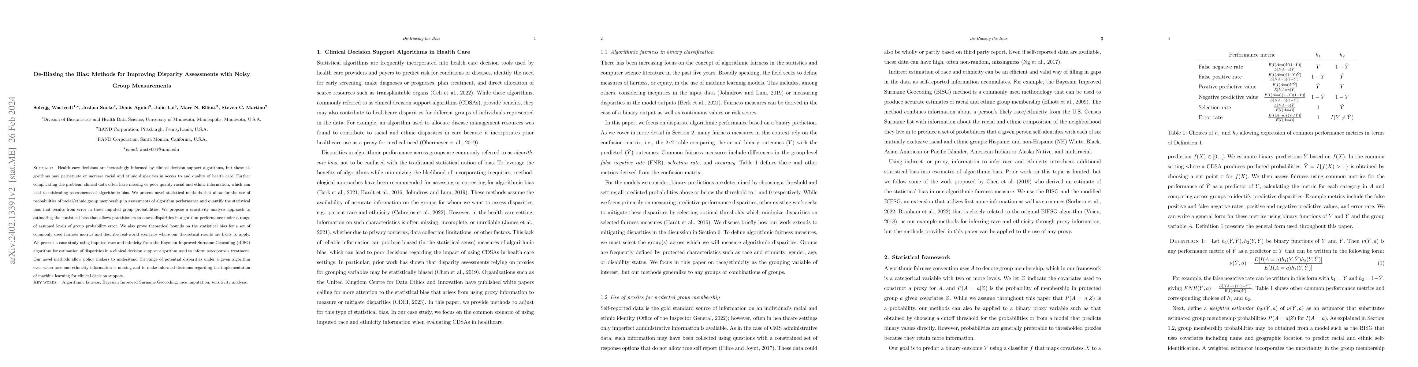 Thumbnail for De-Biasing the Bias: Methods for Improving Disparity Assessments with
  Noisy Group Measurements